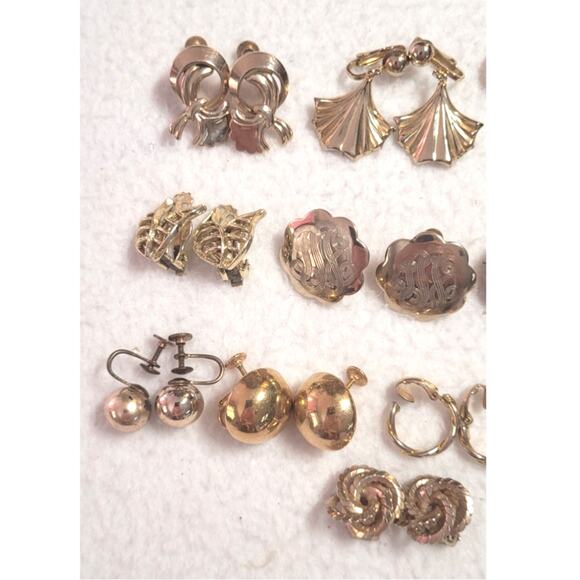14 Pc Vtg Clip On Screw Back Earrings Silvertone Goldtone Button Dangle Hoops - Picture 5 of 9